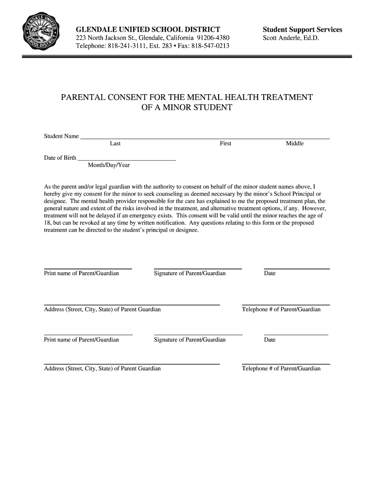 GUSD Parental Consent For The Mental Health Treatment Of A Minor 