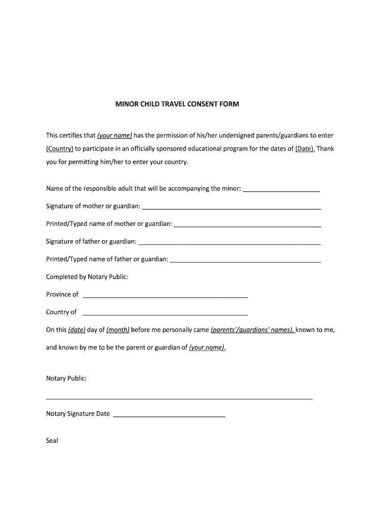 Canada ADRA Minor Child Travel Consent Form Fill And Sign Printable